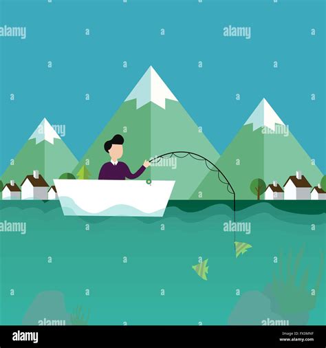 El hombre la pesca en barco con paisajes de montaña detrás Imagen Vector de stock - Alamy