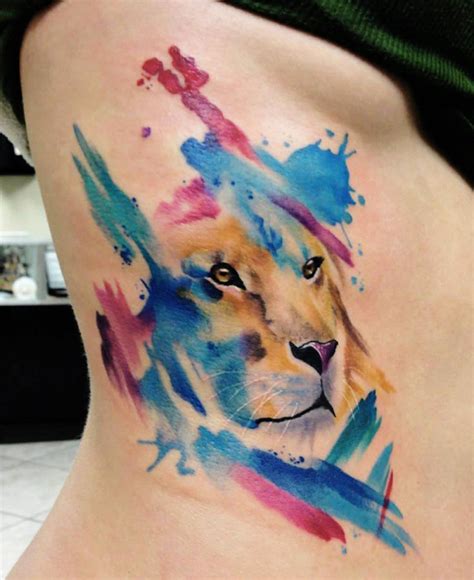 Watercolor lion tattoo on side - Tattooimages.biz