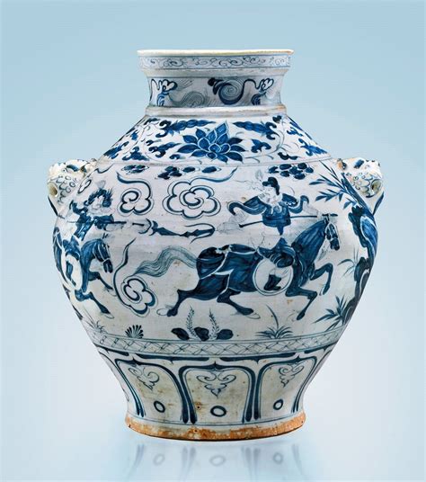 Magnificent and highly important 14th-century Yuan Dynasty blue and white ovoid porcelain jar ...