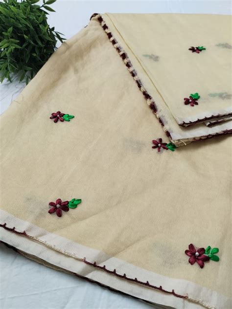 Creamy Hand Embroidered Kota Crochet Border Saree, Technics : Machine ...