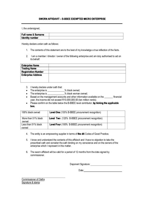 B-Bbee Qualifying Small Enterprise Sworn Affidavit Form printable pdf ...