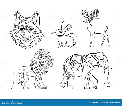 One Line Drawings of Famous Animals, Vector Set of Five - Wolf, Hare ...