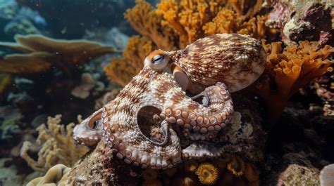 octopus in natural habitat, underwater wildlife photography, marine life, coral reef and octopus ...