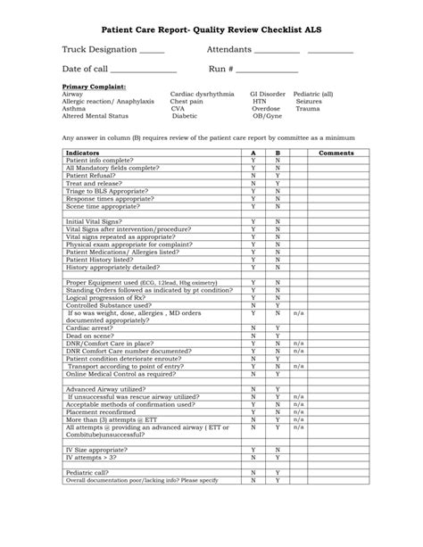 Patient Care Report- Quality Review Checklist ALS