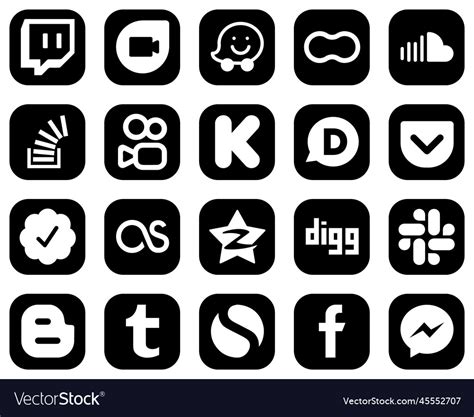 20 minimalist white social media icons on black Vector Image