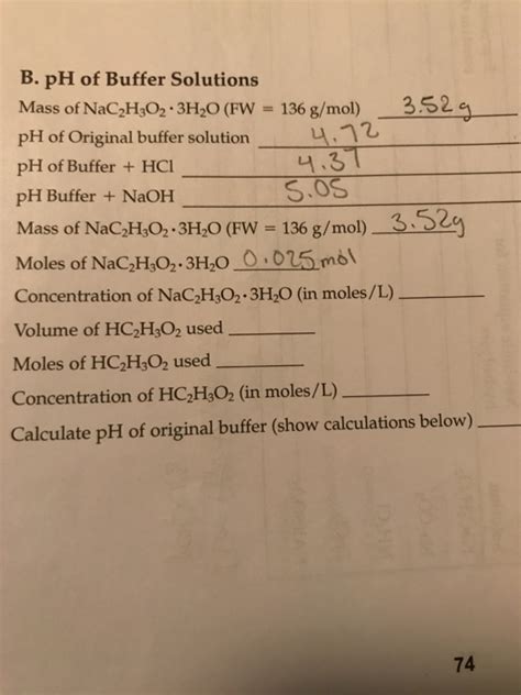 Solved B. pH of Buffer Solutions Mass of NaC2H3O2-3H20 (FW = | Chegg.com