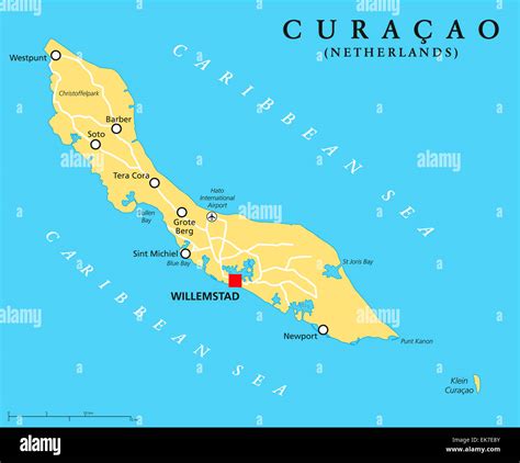 Curacao Political Map with capital Willemstad and important cities. English labeling and scaling ...