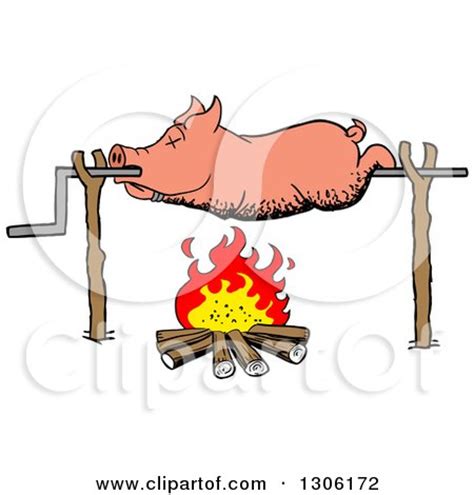 Clipart of a Cartoon Dead Pig Roasing on a Spit over a Fire - Royalty Free Vector Illustration ...