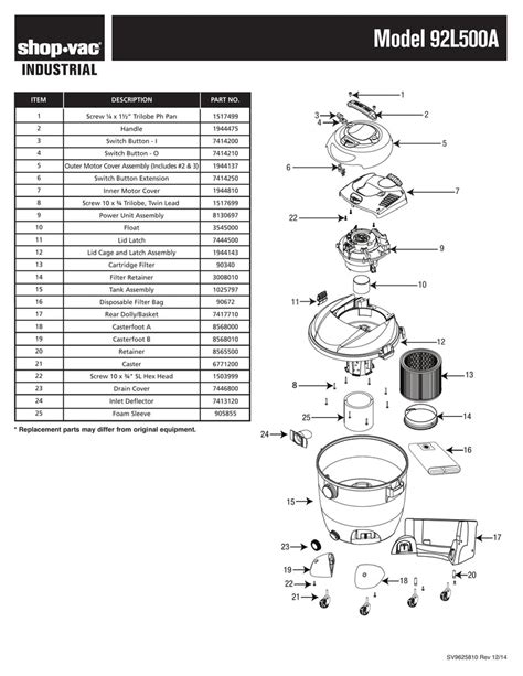 Shop-Vac Parts List for 92L500A Models (10 Gallon* Yellow / Black Indu | Shop-Vac Store