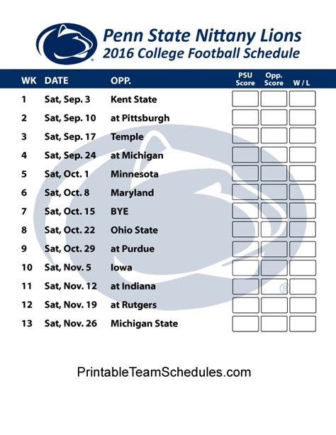 Penn State Football Printable Schedule