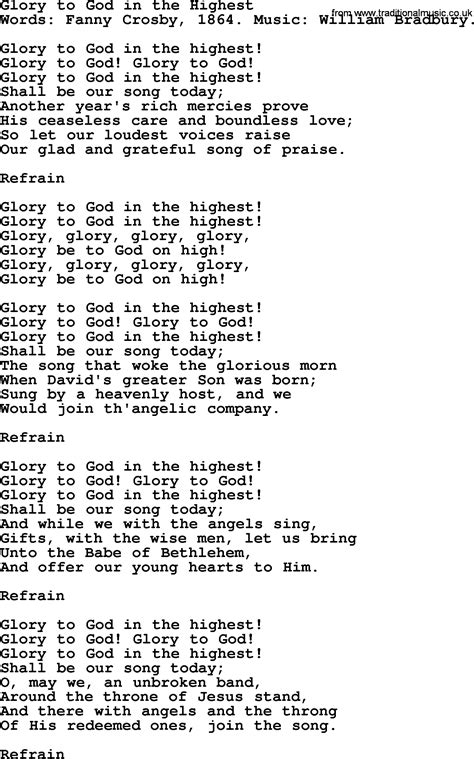 Glory To God In The Highest, by Fanny Crosby - hymn lyrics