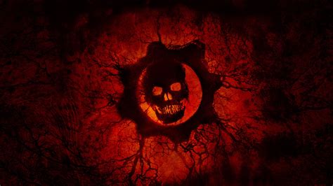 a dark red background with a skull in the center