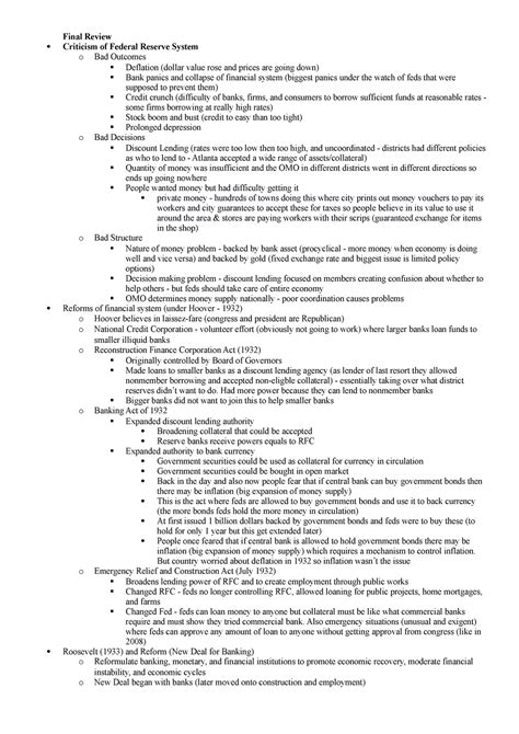 Final Review Guide - Final Review Criticism of Federal Reserve System o Bad Outcomes Deflation ...