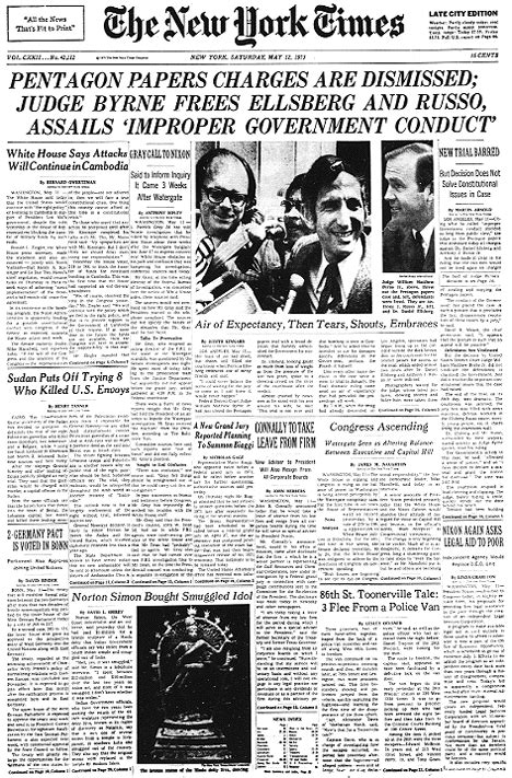 Pentagon Papers Charges Are Dismissed; Judge Byrne Frees Ellsberg and Russo, Assails 'Improper ...