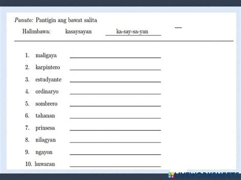 Pagpapantig ng Salita interactive worksheet | Workbook, Online activities, Teachers