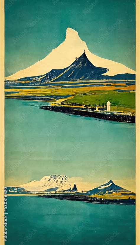 Vintage poster on mountains and sea landscape, for the vintage Tourism ...