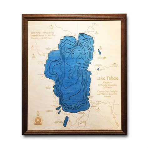 Lake Tahoe 3D Wood Map Nautical Depth Map of Lake Tahoe - Etsy