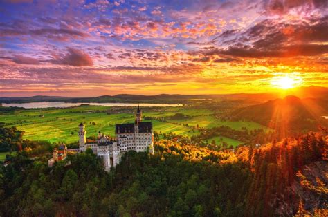 landscape castle trees clouds sunset sunlight lake mountains plains neuschwanstein castle ...