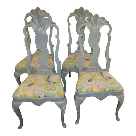 Blue Carved Wood and Upholstered Seats Dining Chairs - Set of 4 ...