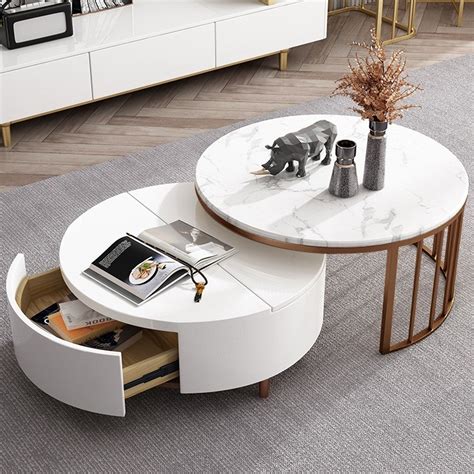White&Walnut Round Nesting Coffee Table with Storage Rotating Top in Rose Gold Set of 2 | Round ...