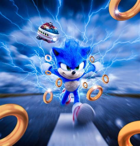sonic the hedgehog is running on an asphalt road with lightning in the sky behind him