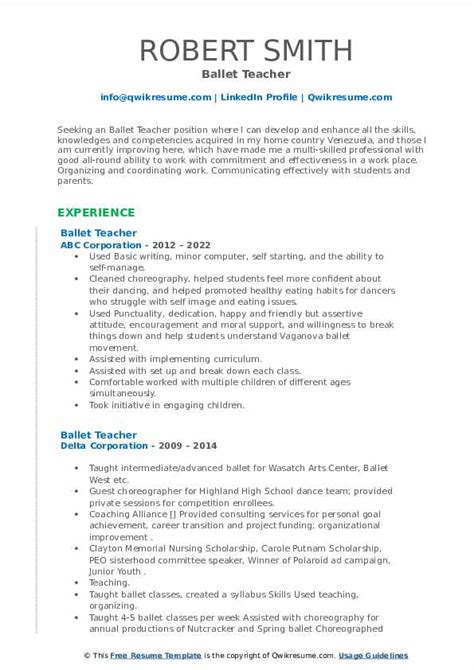 Ballet Teacher Resume Samples | QwikResume