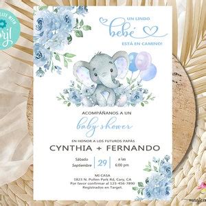 Blue Elephant Baby Shower Invitation, Boho Boy Invite, Blue Flowers Balloons, Digital Printable ...