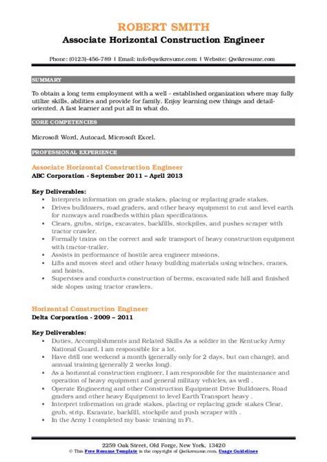 Horizontal Construction Engineer Resume Samples | QwikResume