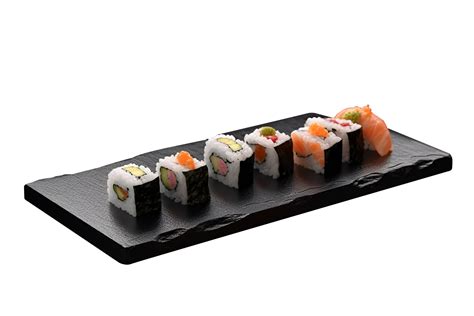 Sushi on black stone plate, isolated on white background, ai generate 27297720 PNG