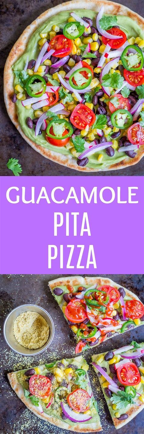 Guacamole Pita Pizza - An easy, healthy and delicious no-cook vegan meal! Loaded with veggies ...