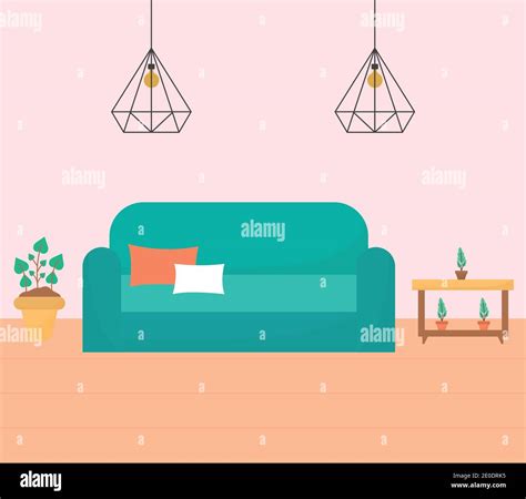 living room with one sofa, tables filled with and plants plus a chandeliers Stock Vector Image ...