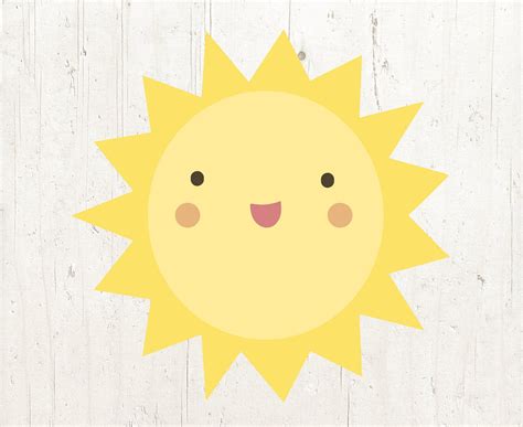 a yellow sun with two eyes and one smile on it's face, against a white wood background