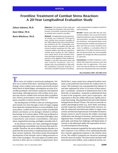 (PDF) Frontline Treatment of Combat Stress Reaction: A 20-Year ...