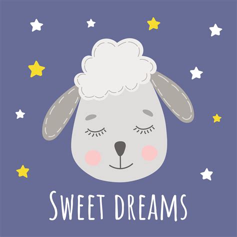 Sweet dreams card with funny cute little lamb. Sleeping sheep. Good night card. Vector ...