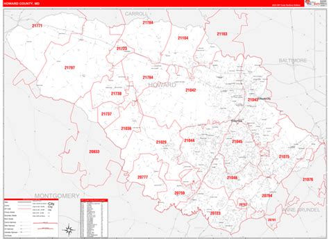 Howard County, MD Zip Code Wall Map Red Line Style by MarketMAPS - MapSales