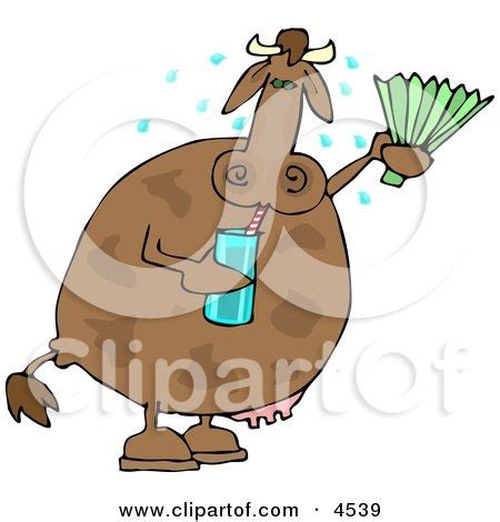 Hot Cow Drinking Water and Using a Foldable-fan Clipart by djart #4539