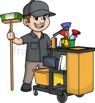 Male Janitor With Cleaning Cart Cartoon Clipart Vector - FriendlyStock