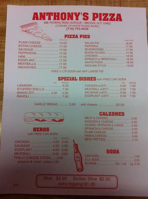 Anthony's Pizza Menu, Menu for Anthony's Pizza, Van Nest, New York City - Urbanspoon/Zomato