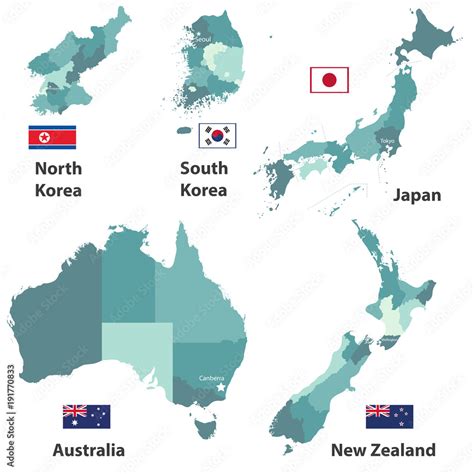 Japan, North Korea, South Korea, Australia and New Zealand with ...