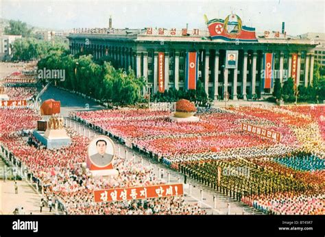 Huge demonstration in Kim il Sung Square, Pyongyang with banners an a ...