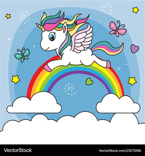 Unicorn flying over the rainbow Royalty Free Vector Image