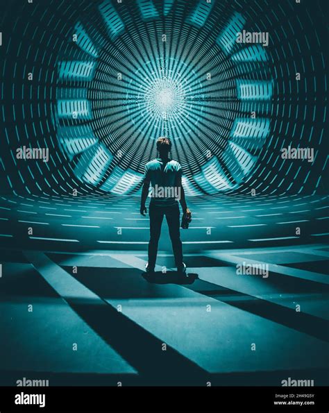 Man standing in front of symmetrical light projection Stock Photo - Alamy
