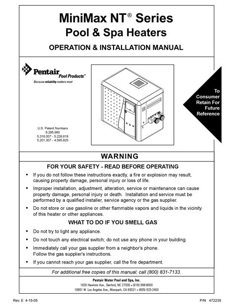 PENTAIR POOL & SPA HEATERS NT SERIES OPERATION & INSTALLATION MANUAL ...