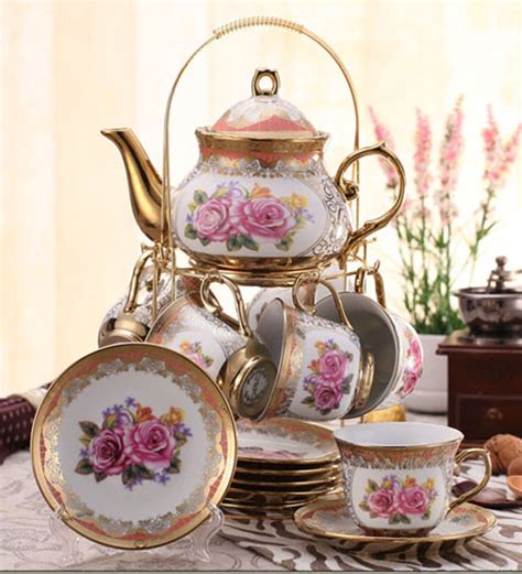 ufengkeWedding Birthday 13 Piece Gold Red Flower European-Style Chinese Ceramic Tea Set Tea Service