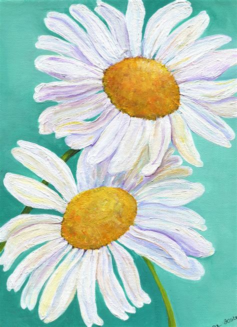 White Shasta Daisy Painting on Aqua Original on canvas, acrylics painting, Daisies Painting, 9 x ...