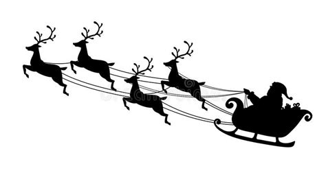 Santa Claus flying with reindeer sleigh. Black Silhouette. Symbol of Christmas and New Ye ...