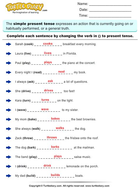 Change the Verbs to Present Tense Form Answer | Verb worksheets, Simple past tense worksheet ...