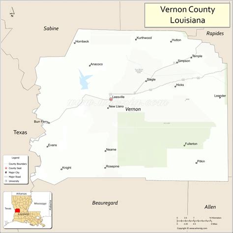 Map of Vernon Parish, Louisiana showing cities, highways & important ...