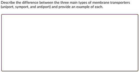 SOLVED: Describe the difference between the three main types of membrane transporters (uniport ...