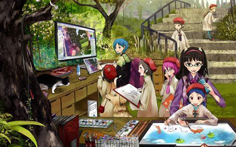 Anime female characters watching TV HD wallpaper | Wallpaper Flare